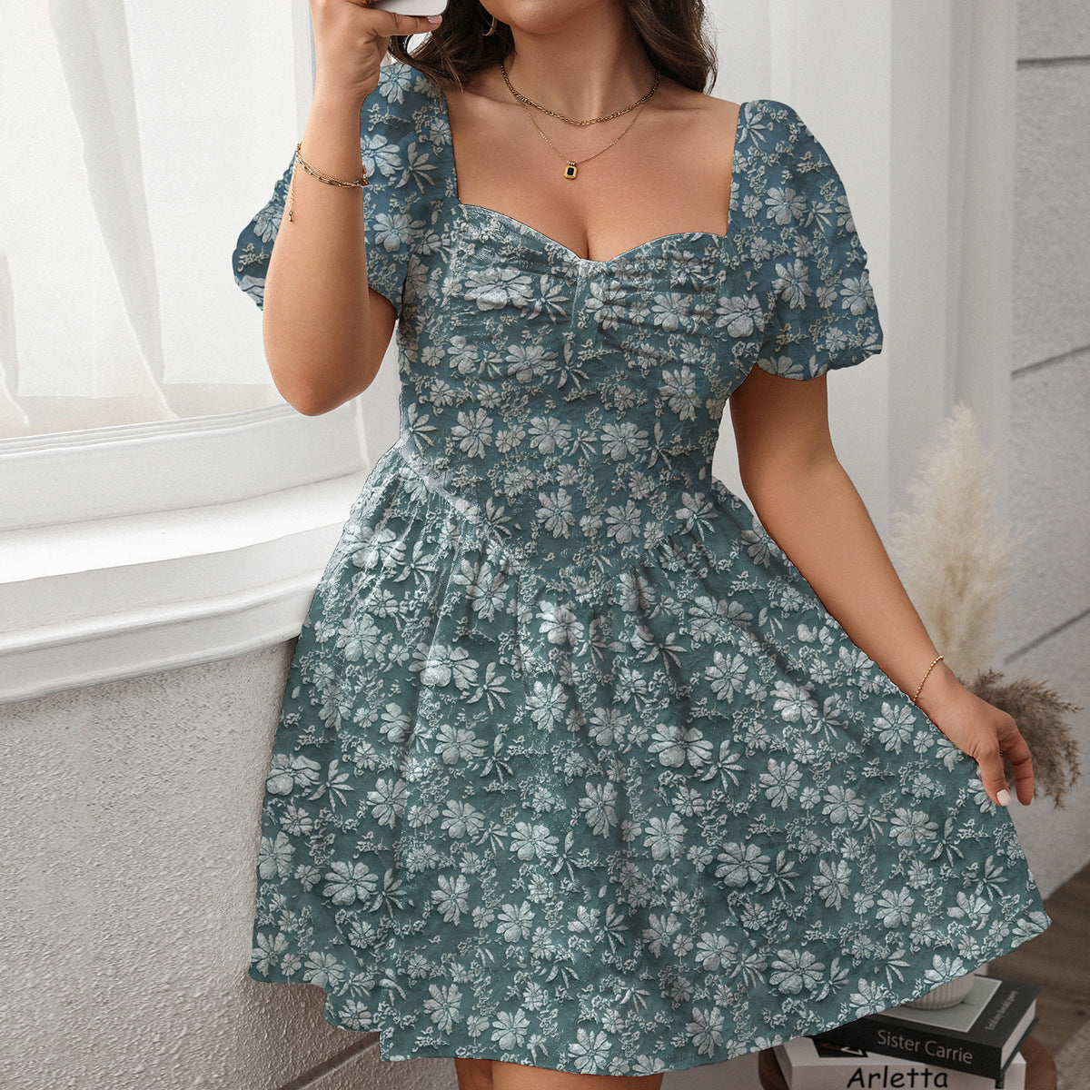 Plus Size White Puff Sleeve Mini Dress – Textured Floral Fabric, Sweetheart Neckline, Romantic Fit