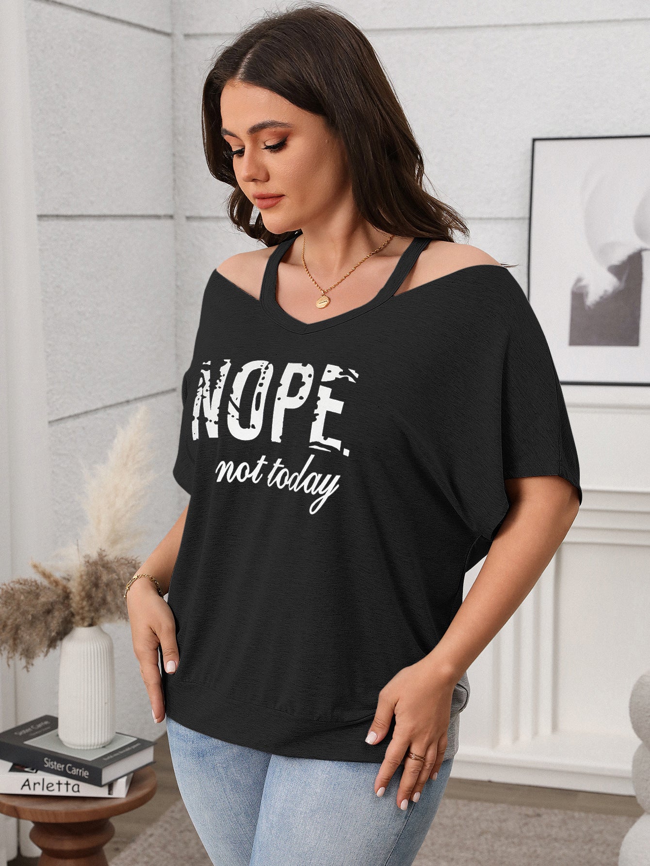 Relaxed Fit Graphic Cold Shoulder Top - "Nope Not Today" - Available in 3 Colors