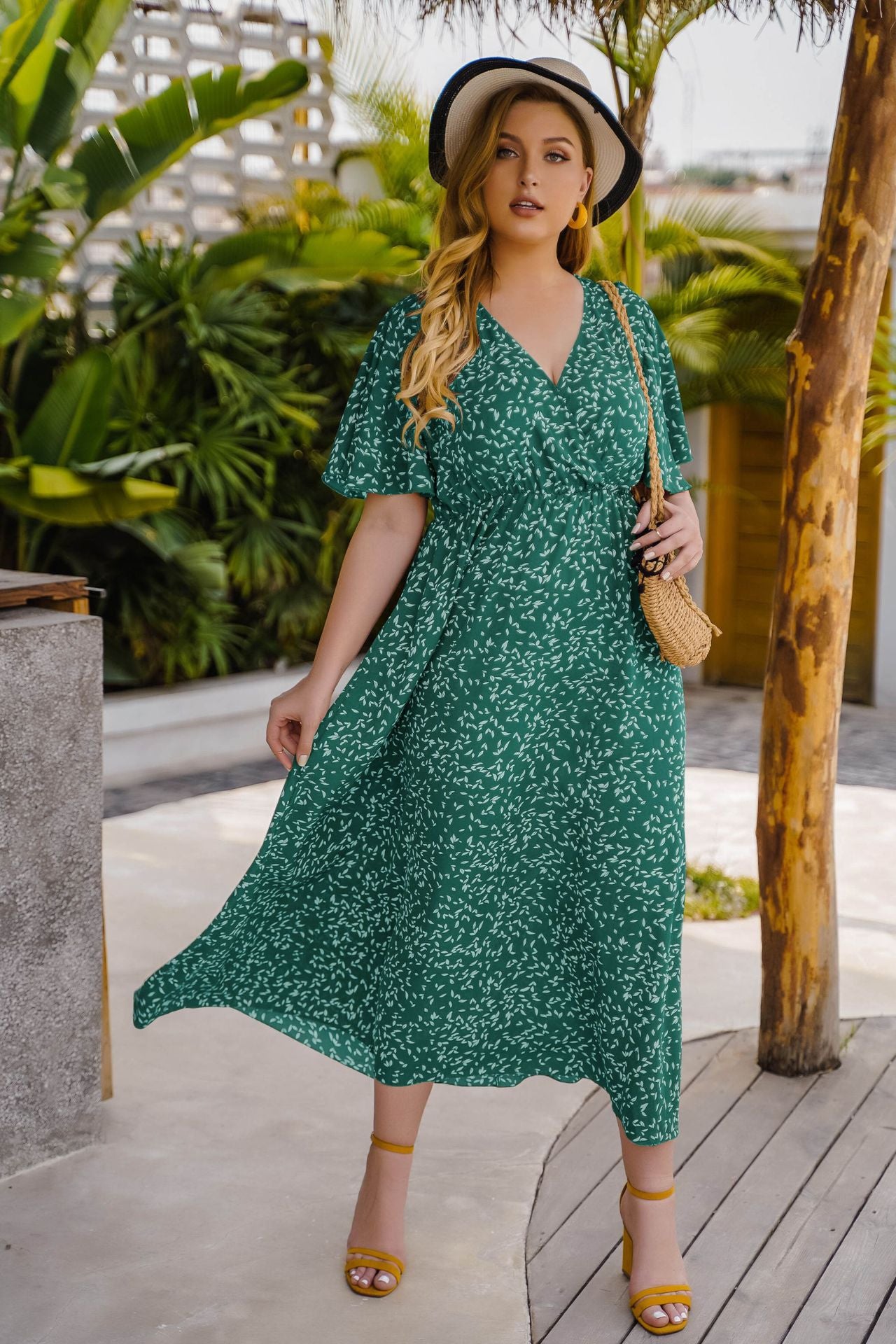 Effortless V-Neck Wrap Style Midi Dress with Designer Print - Leisure & Comfort