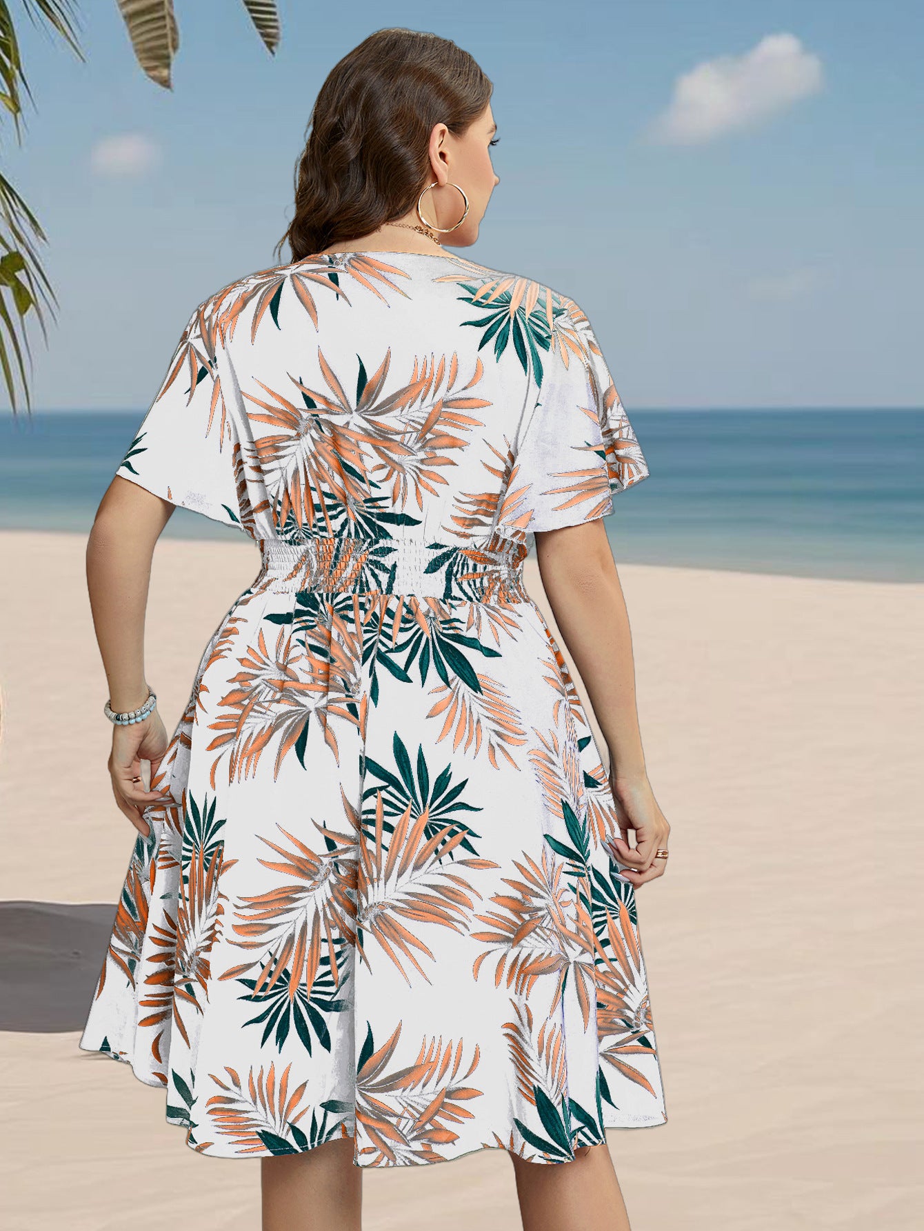 Tropical V-Neck A-Line Summer Dress with Leaf Print