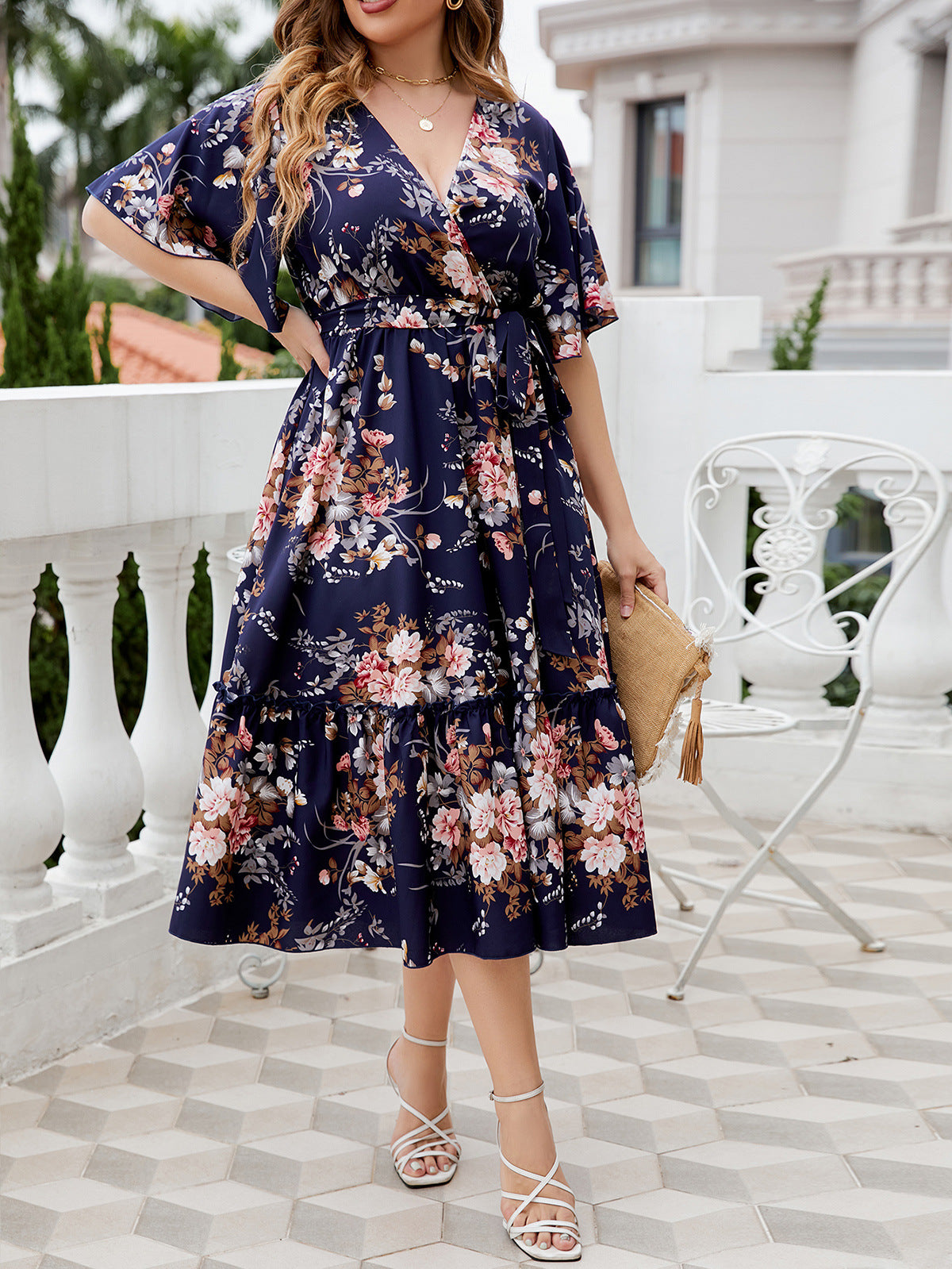 Plus Size Navy Floral Midi Dress – Elegant Wrap Style with Ruffle Hem and Waist Tie
