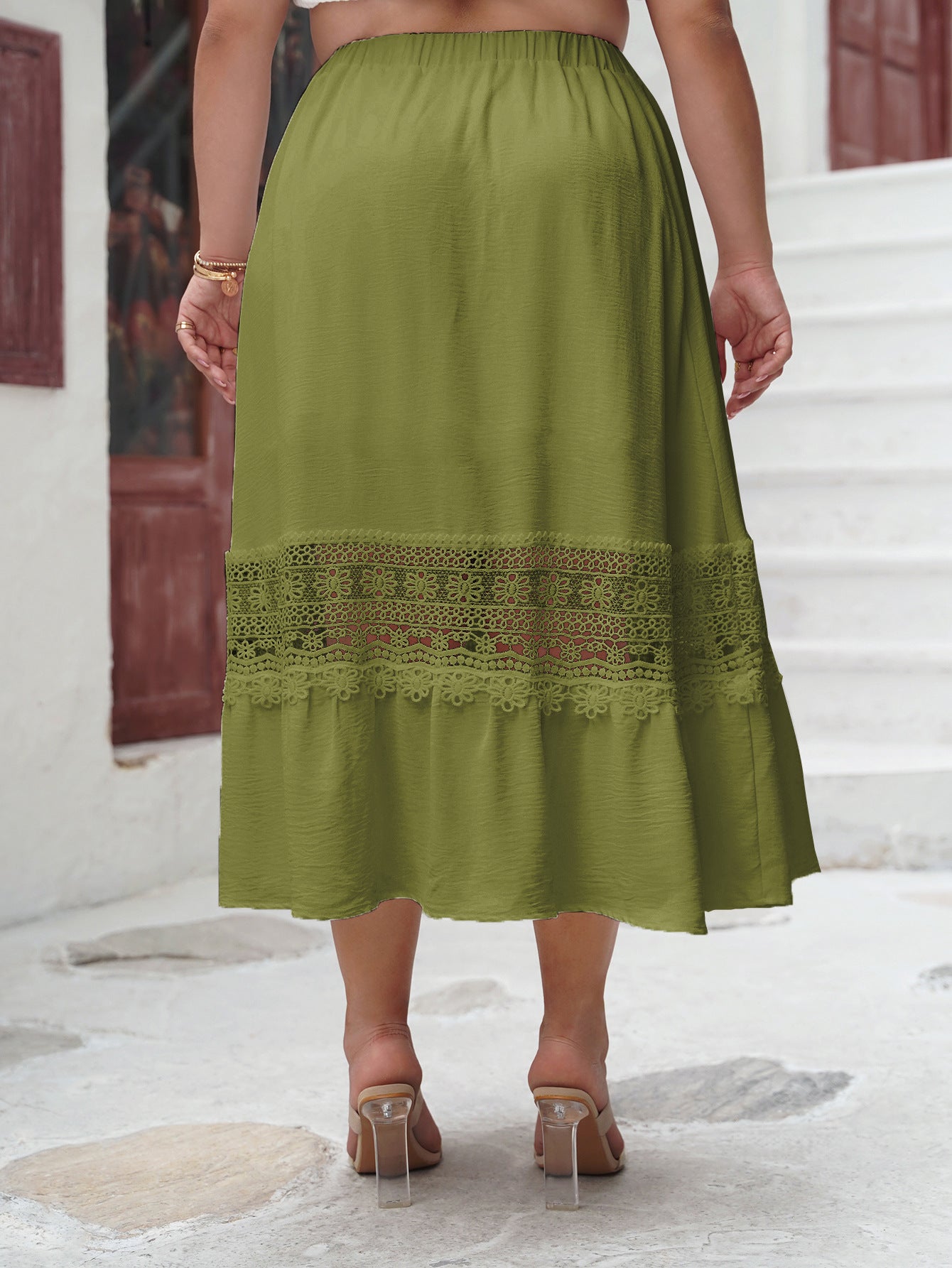 Elegant Midi Skirt with Delicate Lace Hem & Elastic Waist