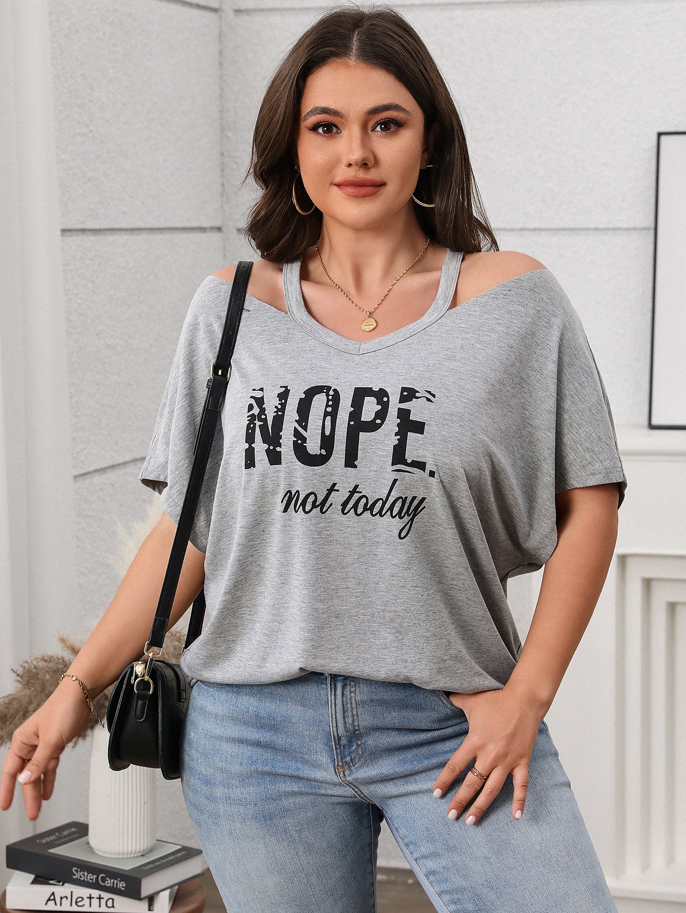 Relaxed Fit Graphic Cold Shoulder Top - "Nope Not Today" - Available in 3 Colors