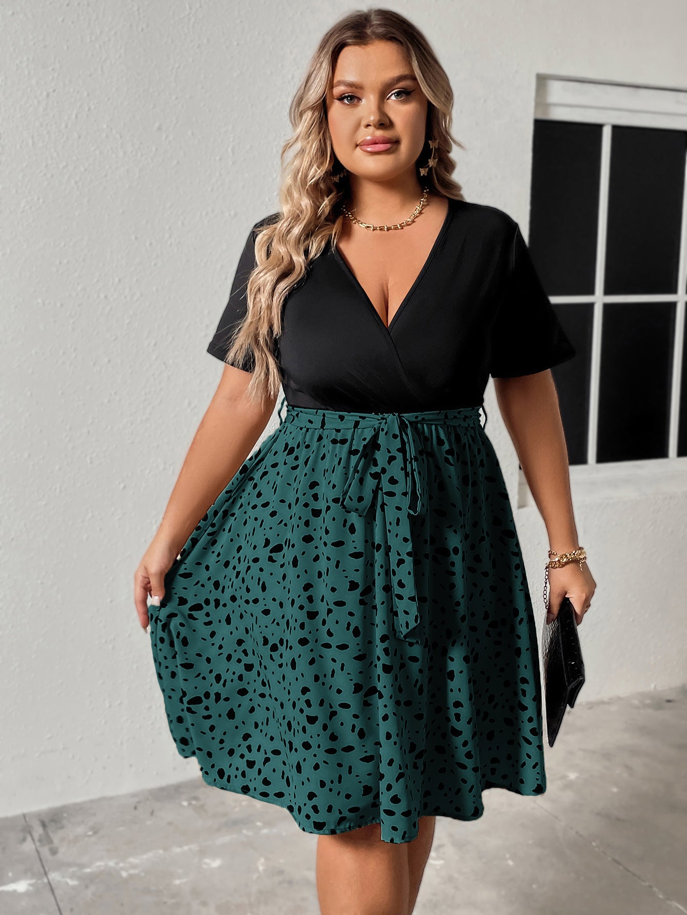 Plus Size V-Neck Mixed Print Mini Dress with Tie Waist - Available in 2 Colors