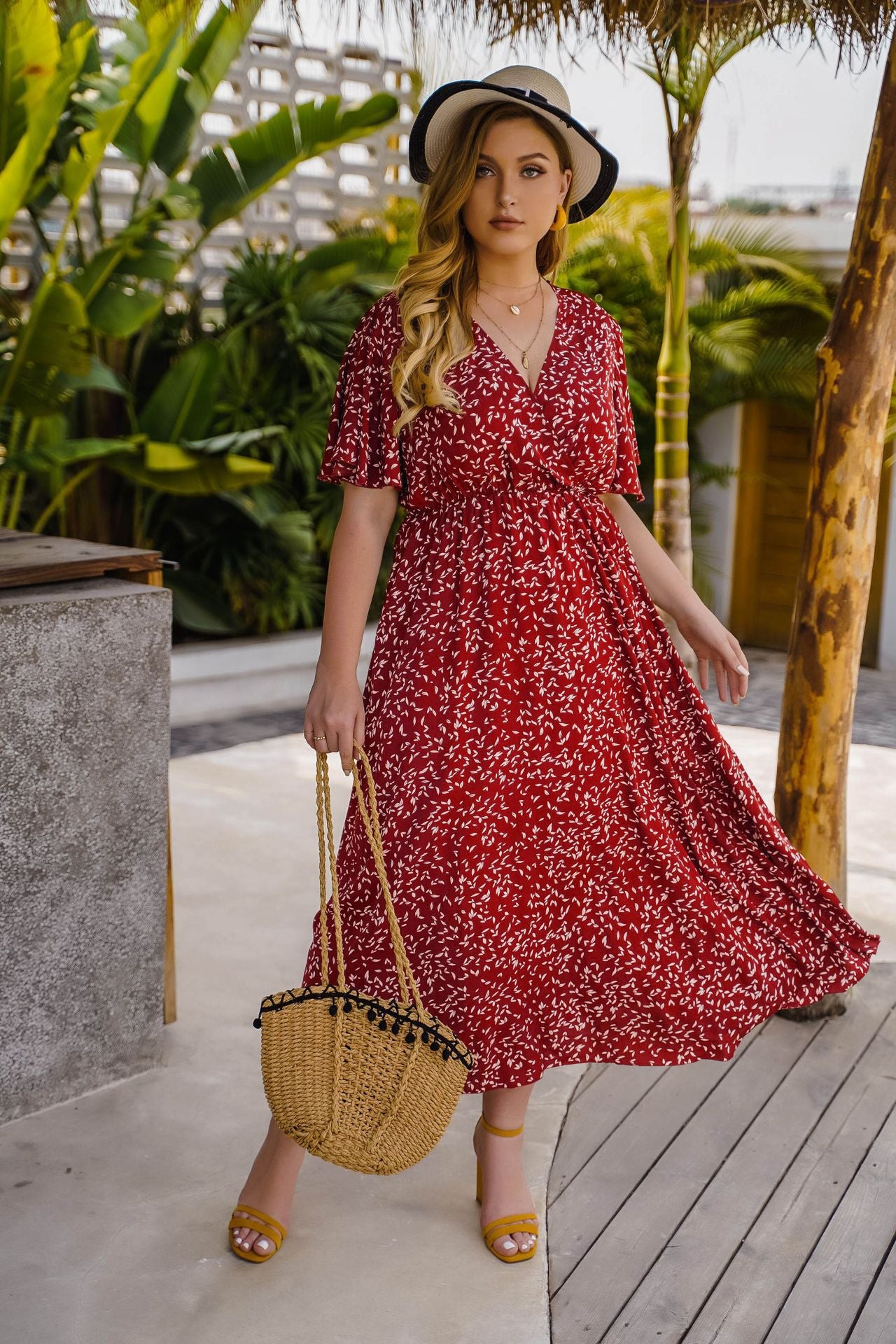 Effortless V-Neck Wrap Style Midi Dress with Designer Print - Leisure & Comfort