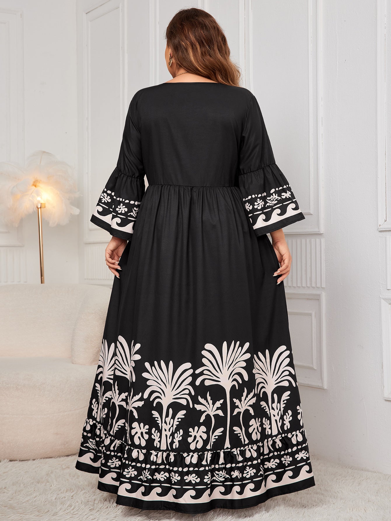 Plus Size Bohemian Maxi Dress with Bell Sleeves and Tribal Print