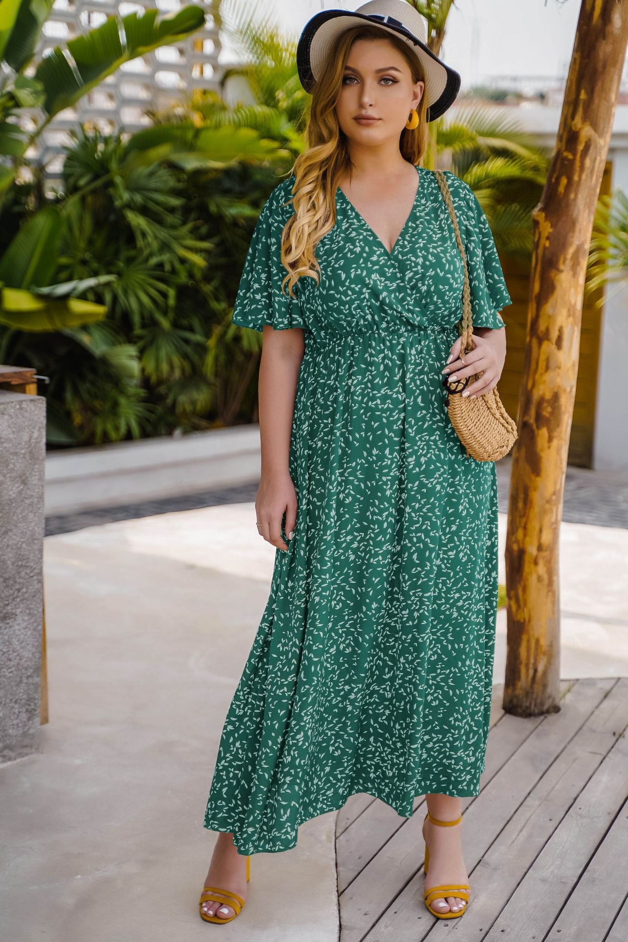 Effortless V-Neck Wrap Style Midi Dress with Designer Print - Leisure & Comfort