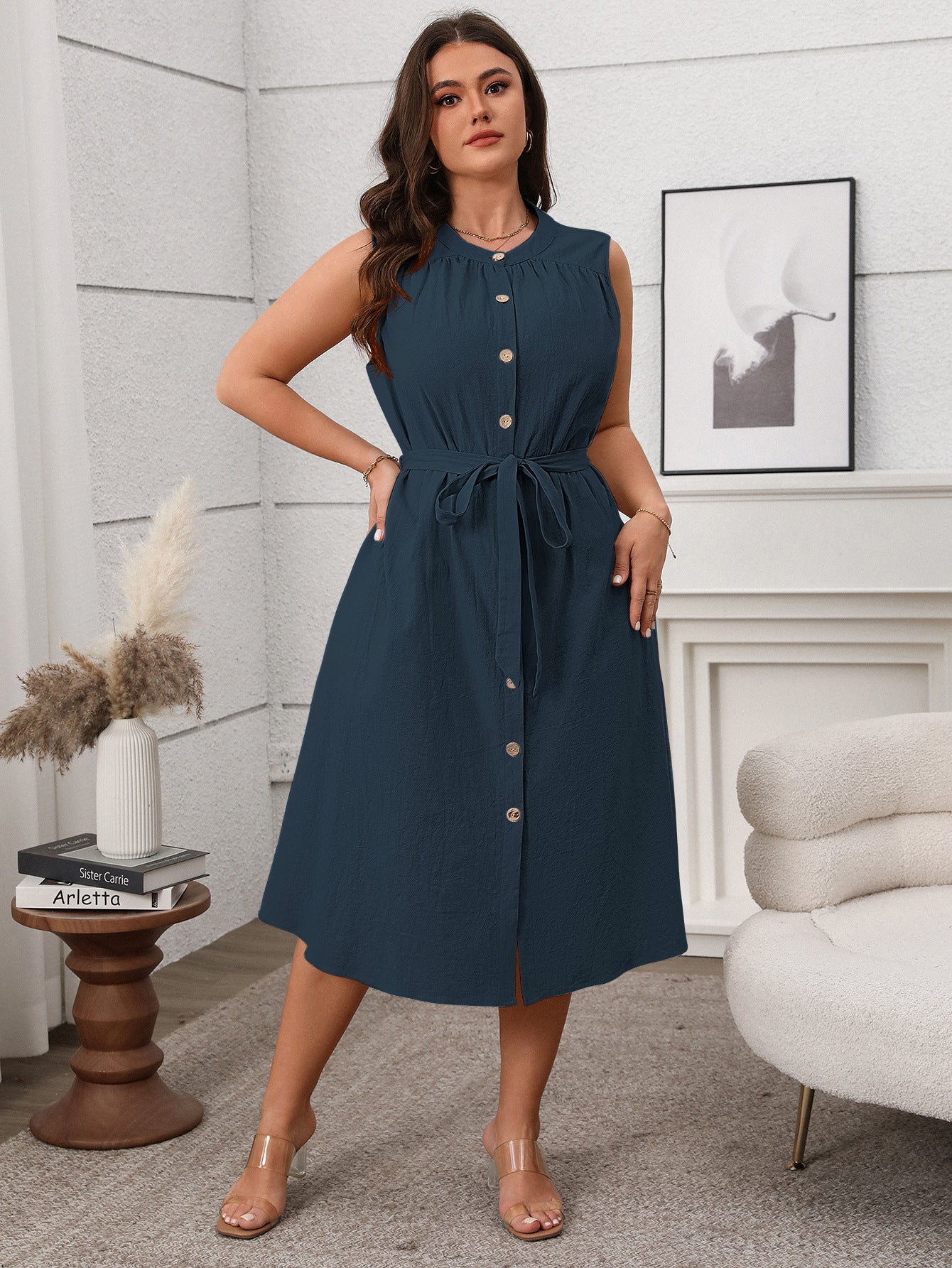 Effortless Plus Size Sleeveless Button-Front Midi Dress with Tie Waist