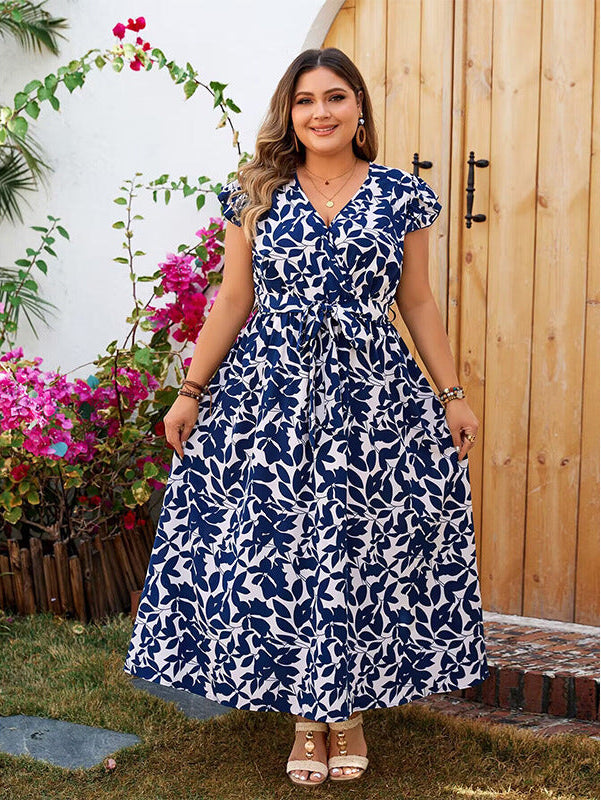 Stunning Blue & White Leaf Print V-Neck Maxi Dress with Slit & Tie Waist