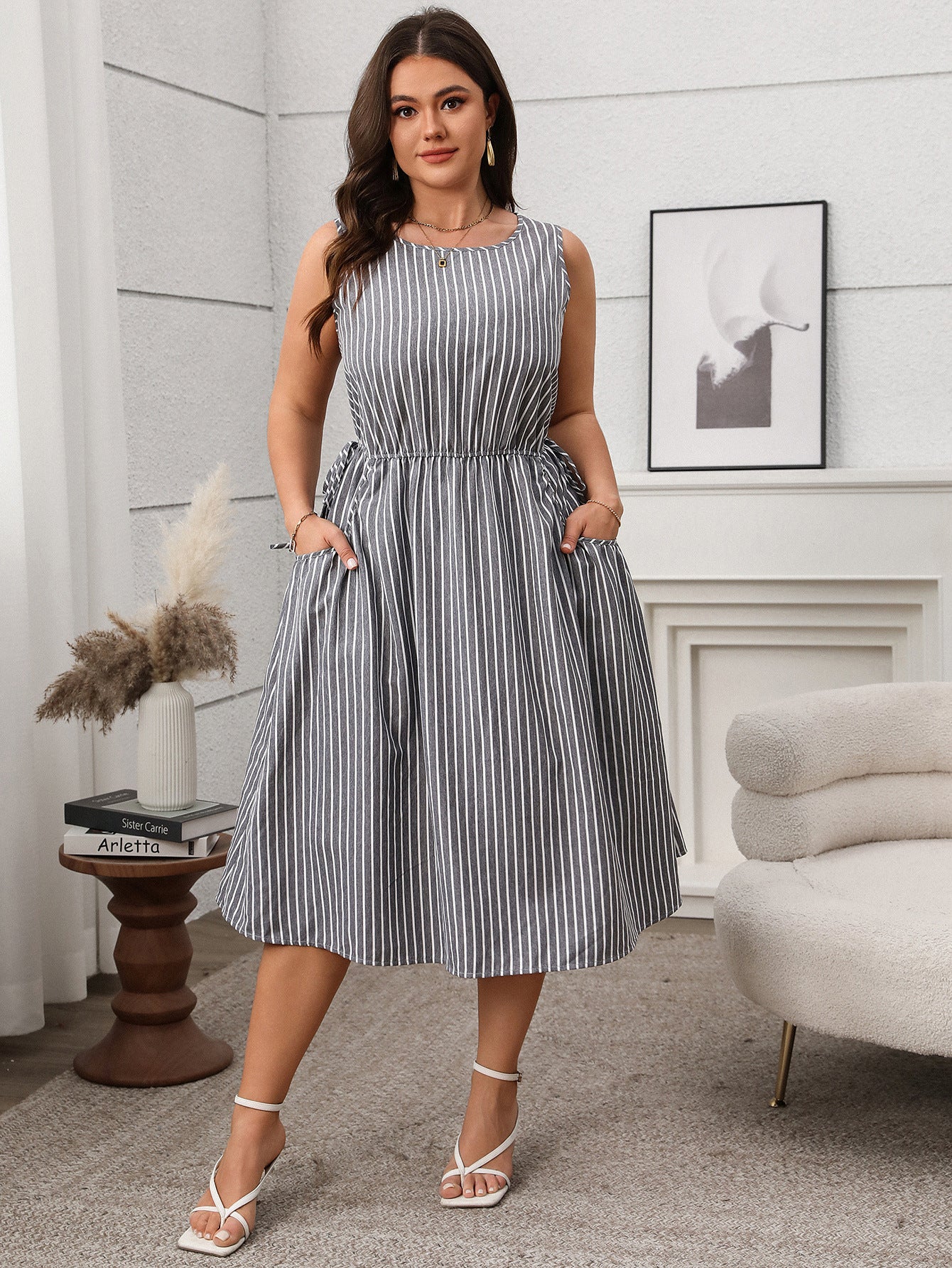 Plus Size Striped Sleeveless Midi Dress with Pockets - Soft & Comfortable in 2 Colors