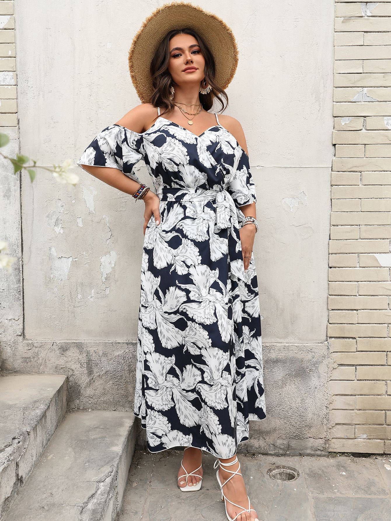 Chic Plus Size Cold Shoulder Floral Maxi Dress with Tie Waist