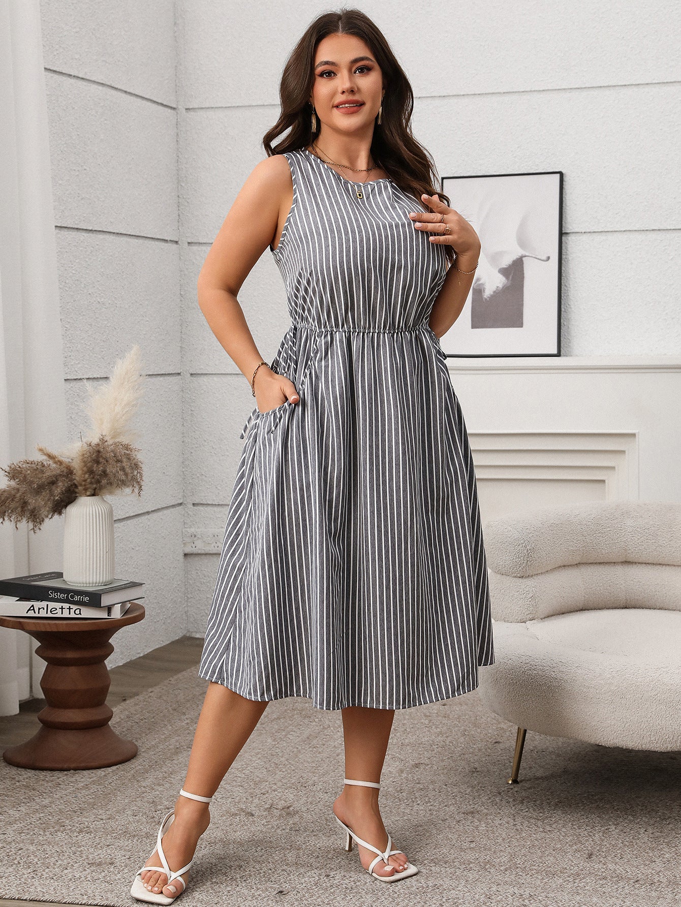Plus Size Striped Sleeveless Midi Dress with Pockets - Soft & Comfortable in 2 Colors