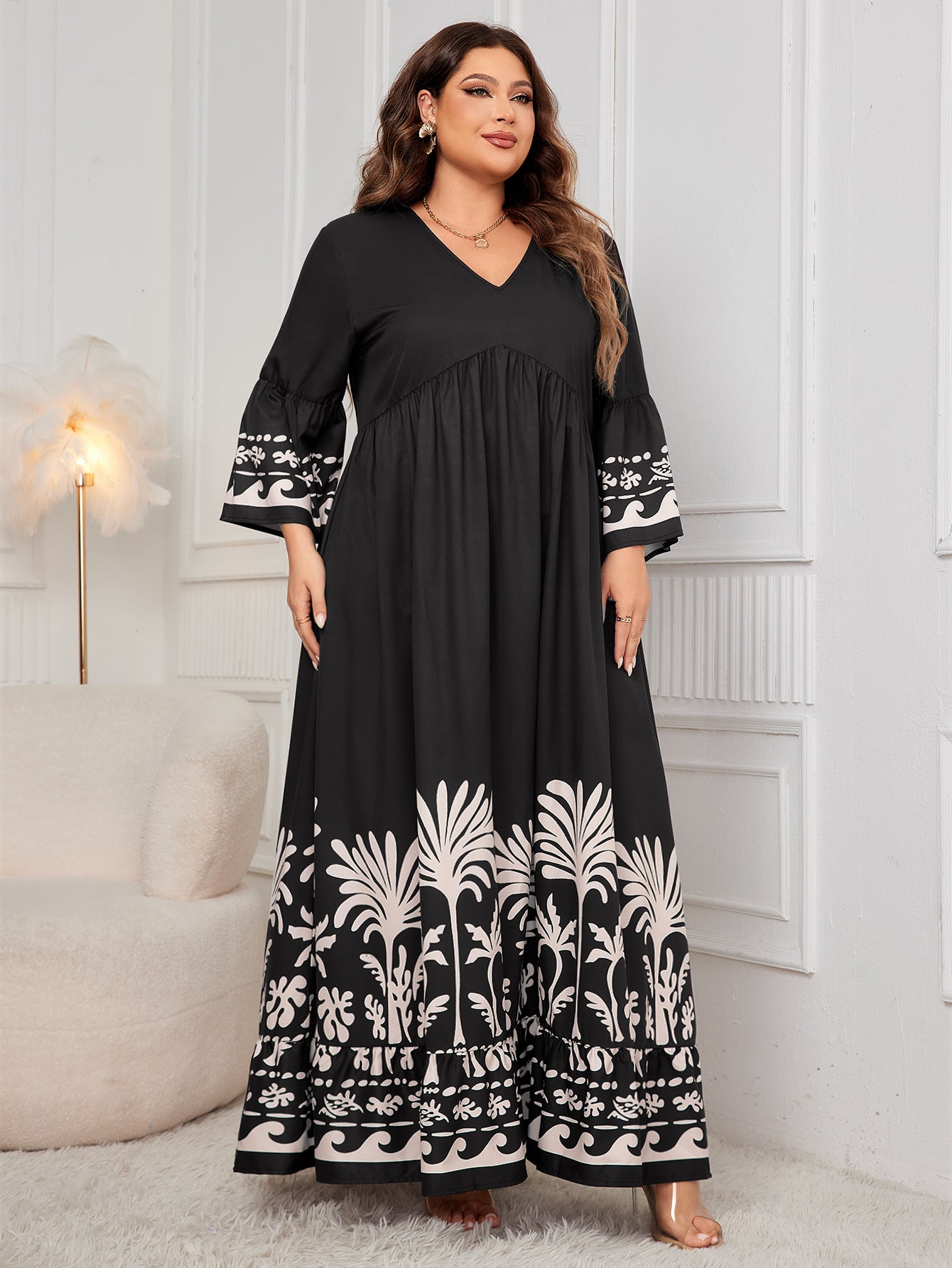 Plus Size Bohemian Maxi Dress with Bell Sleeves and Tribal Print