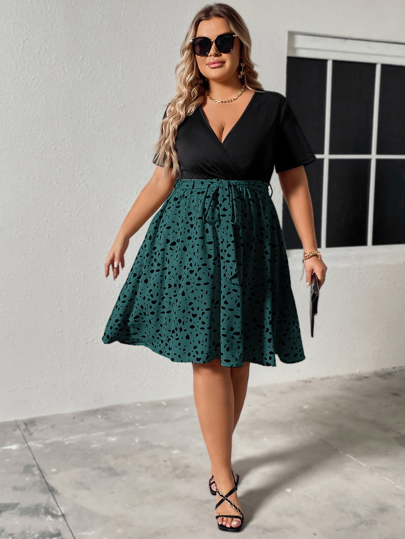 Plus Size V-Neck Mixed Print Mini Dress with Tie Waist - Available in 2 Colors