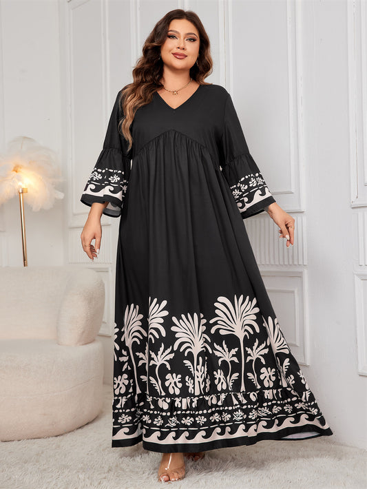 Plus Size Bohemian Maxi Dress with Bell Sleeves and Tribal Print