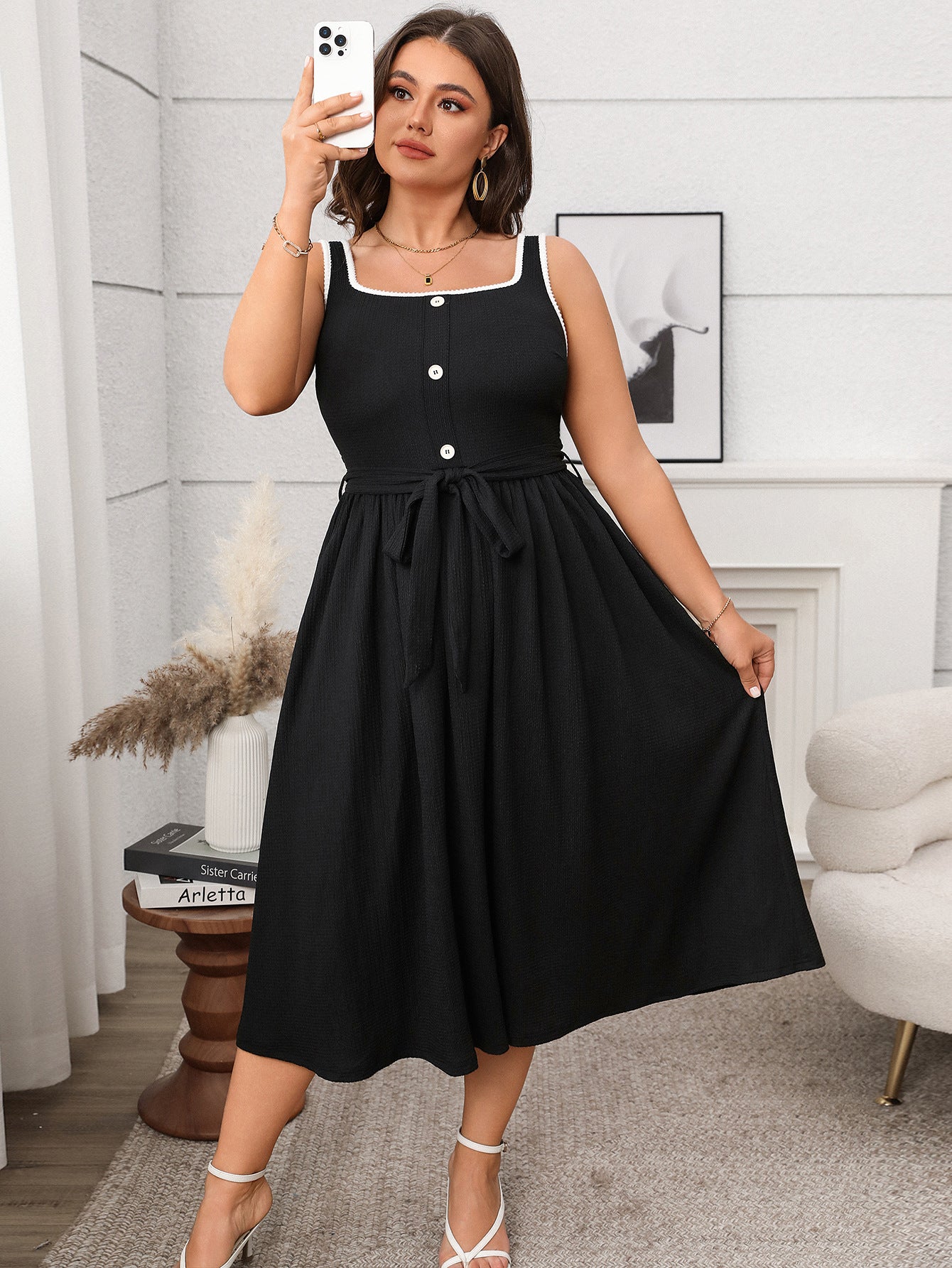 Plus Size Soft & Comfortable Button-Front Midi Dress with Tie Waist - Available in 2 Colors