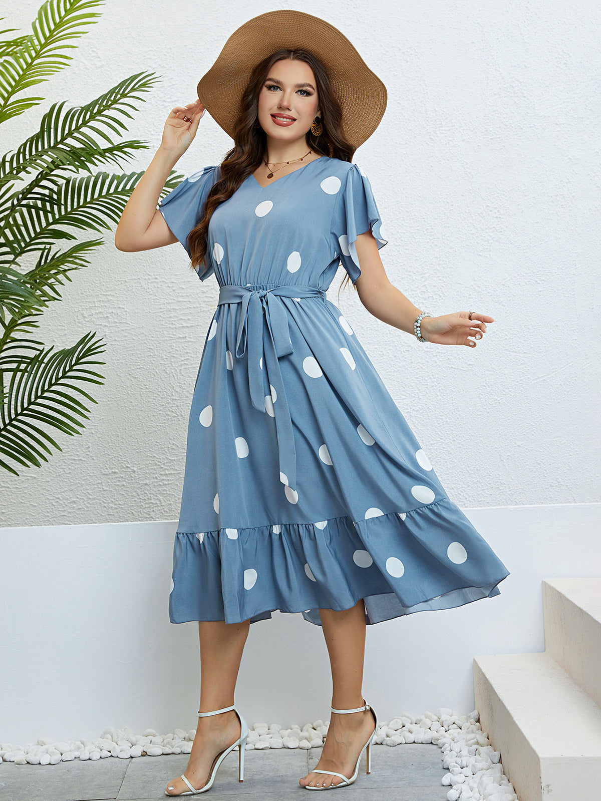 Charming Blue Polka Dot Midi Dress with Ruffle Hem & Tie Waist