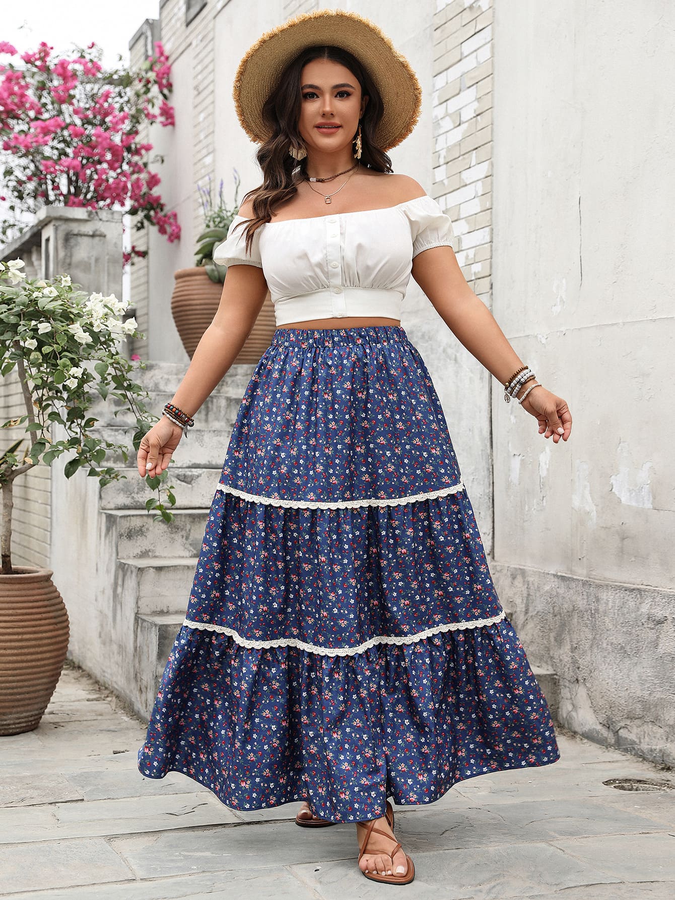 Breathable Floral Print Tiered Maxi Skirt with Lace Trim - Effortless Comfort