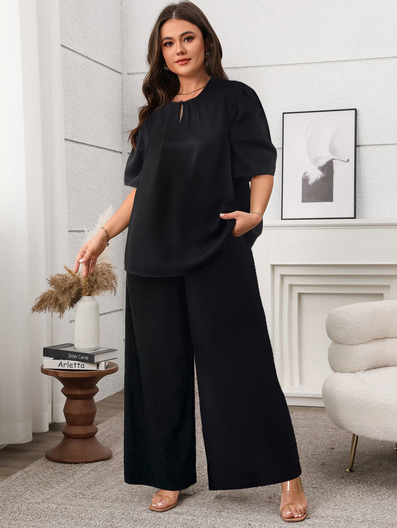 Effortless Black Two-Piece Top & Wide-Leg Pants Set - Comfortable & Chic