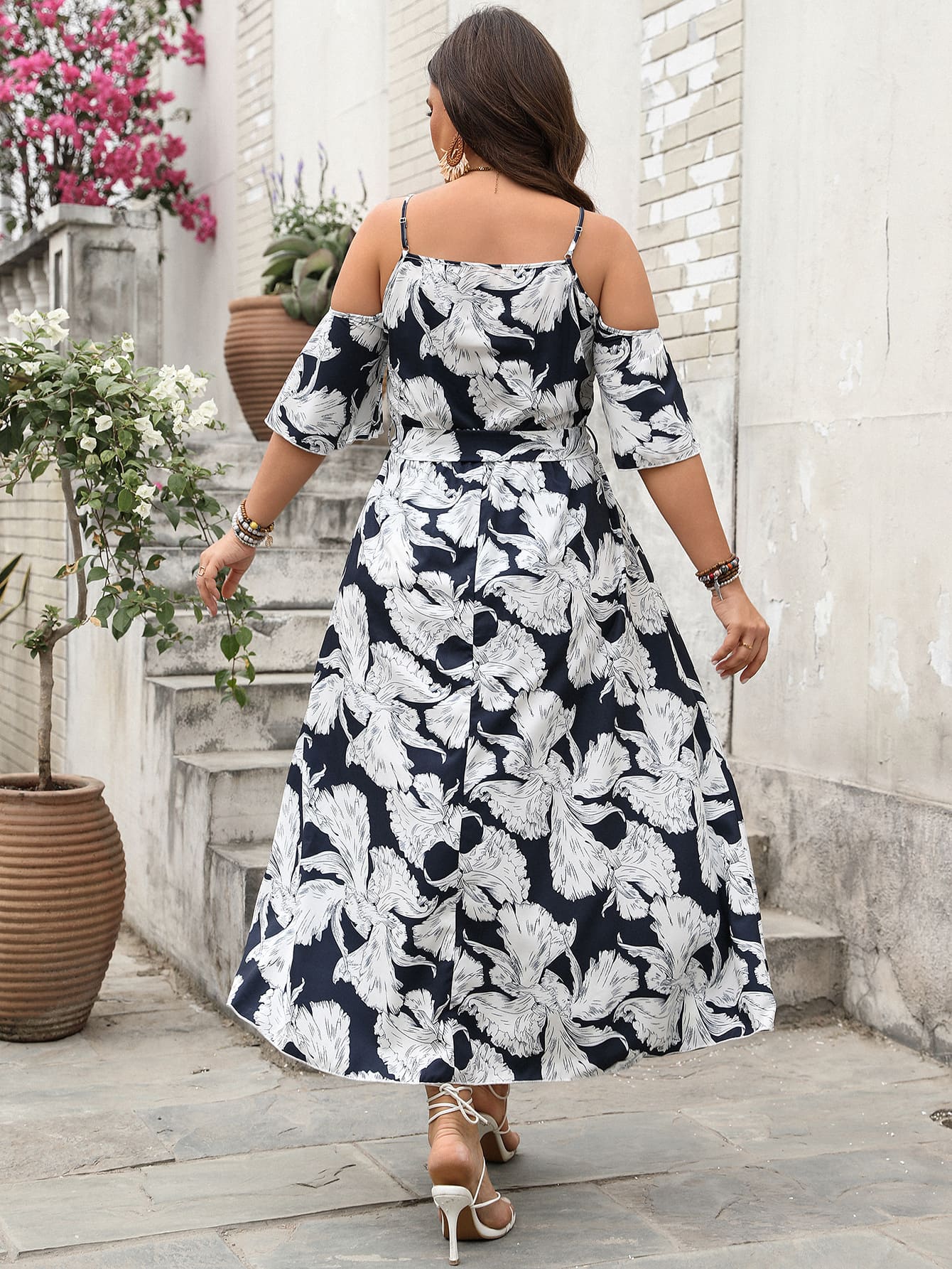 Chic Plus Size Cold Shoulder Floral Maxi Dress with Tie Waist