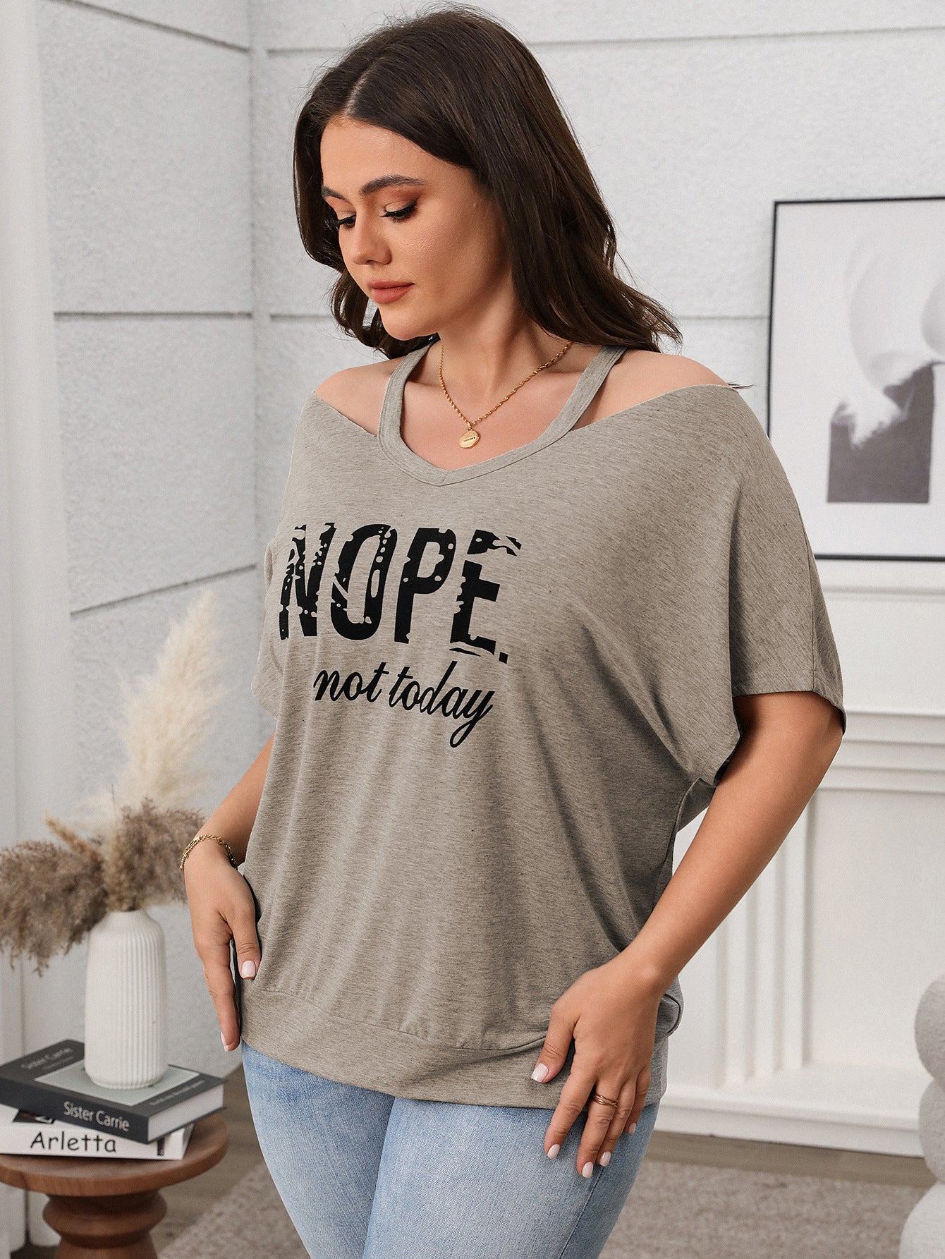 Relaxed Fit Graphic Cold Shoulder Top - "Nope Not Today" - Available in 3 Colors