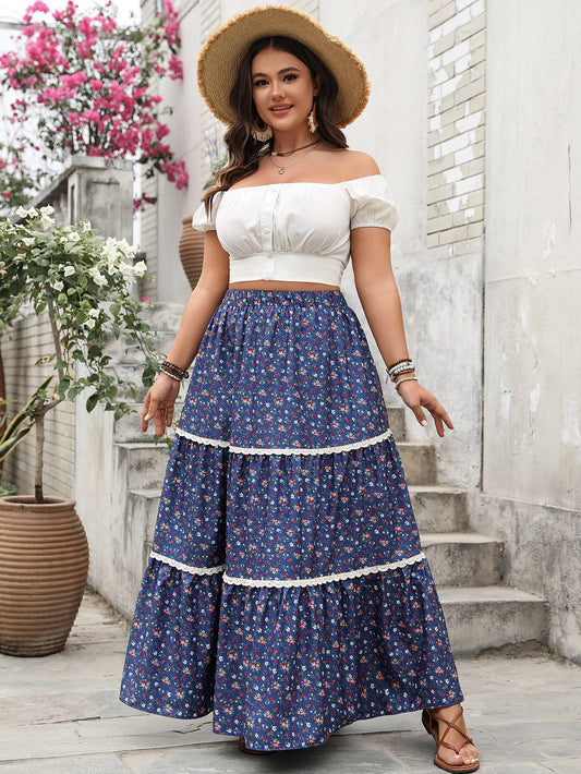 Breathable Floral Print Tiered Maxi Skirt with Lace Trim - Effortless Comfort