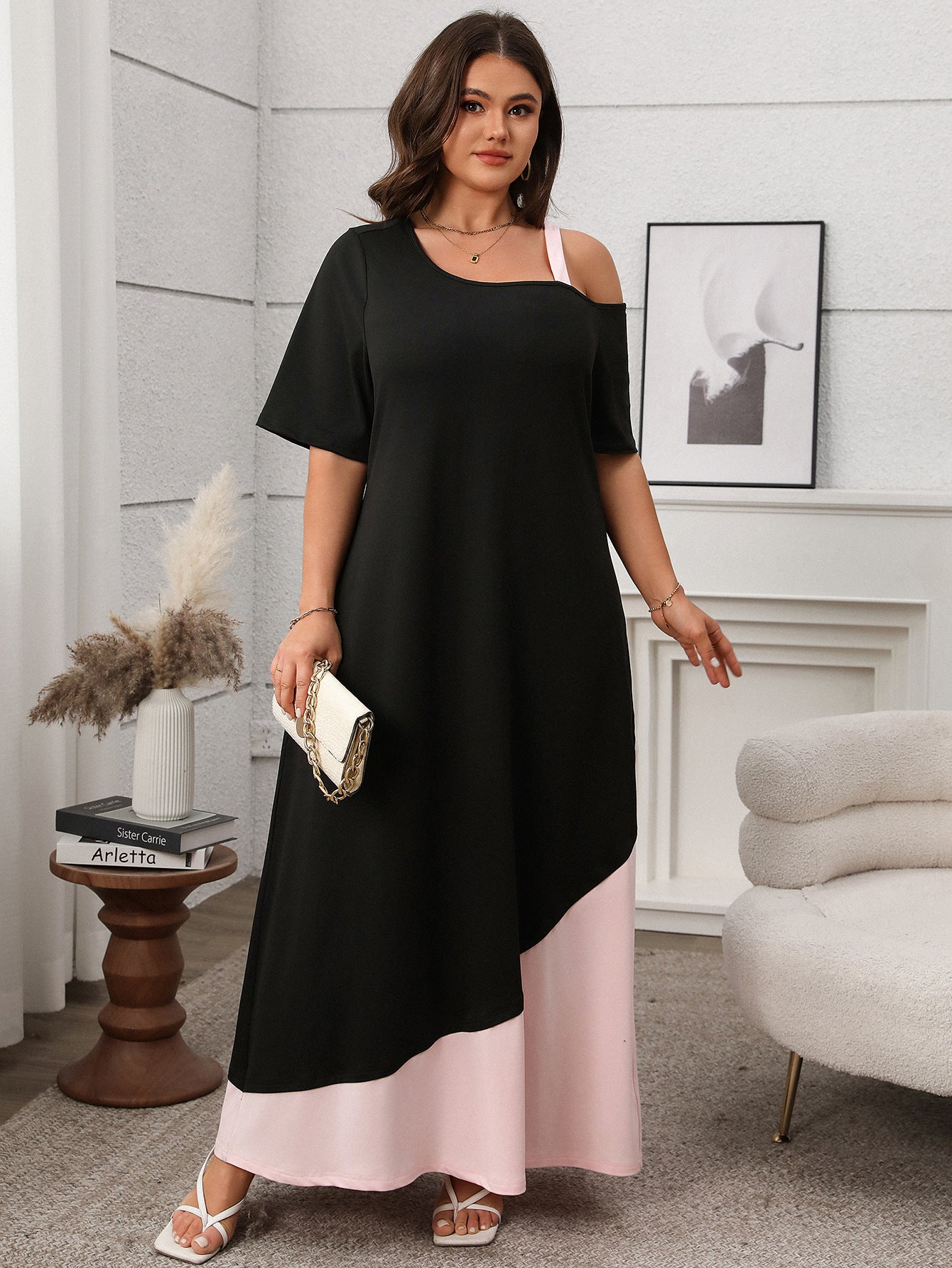 Asymmetrical Color-Block Maxi Dress with Cold Shoulder Detail