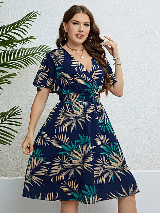 Tropical V-Neck A-Line Summer Dress with Leaf Print