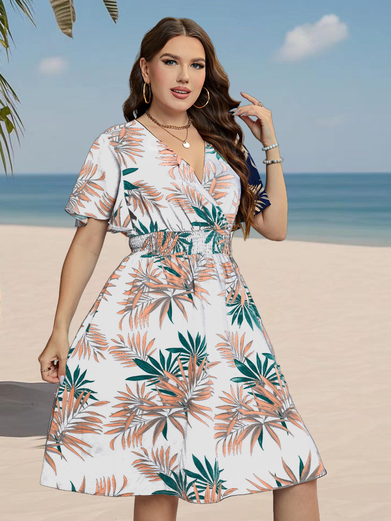 Tropical V-Neck A-Line Summer Dress with Leaf Print