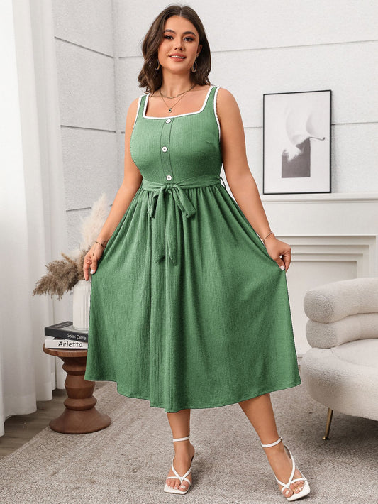 Plus Size Soft & Comfortable Button-Front Midi Dress with Tie Waist - Available in 2 Colors