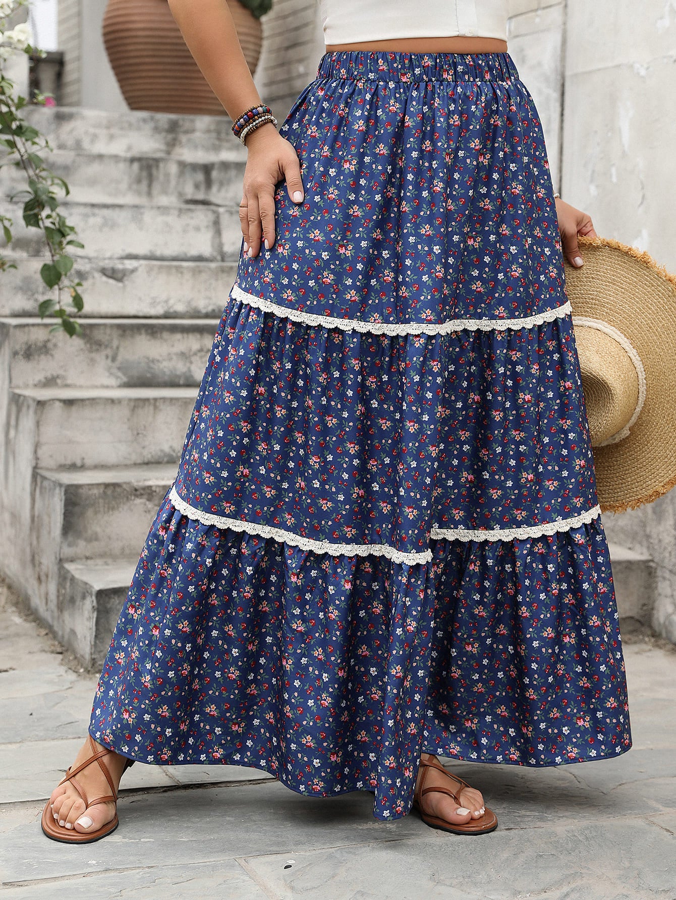 Breathable Floral Print Tiered Maxi Skirt with Lace Trim - Effortless Comfort