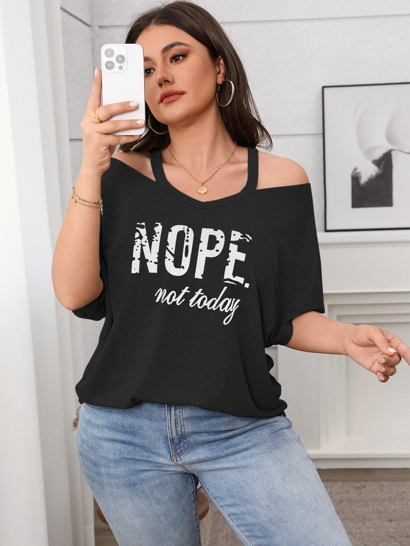 Relaxed Fit Graphic Cold Shoulder Top - "Nope Not Today" - Available in 3 Colors