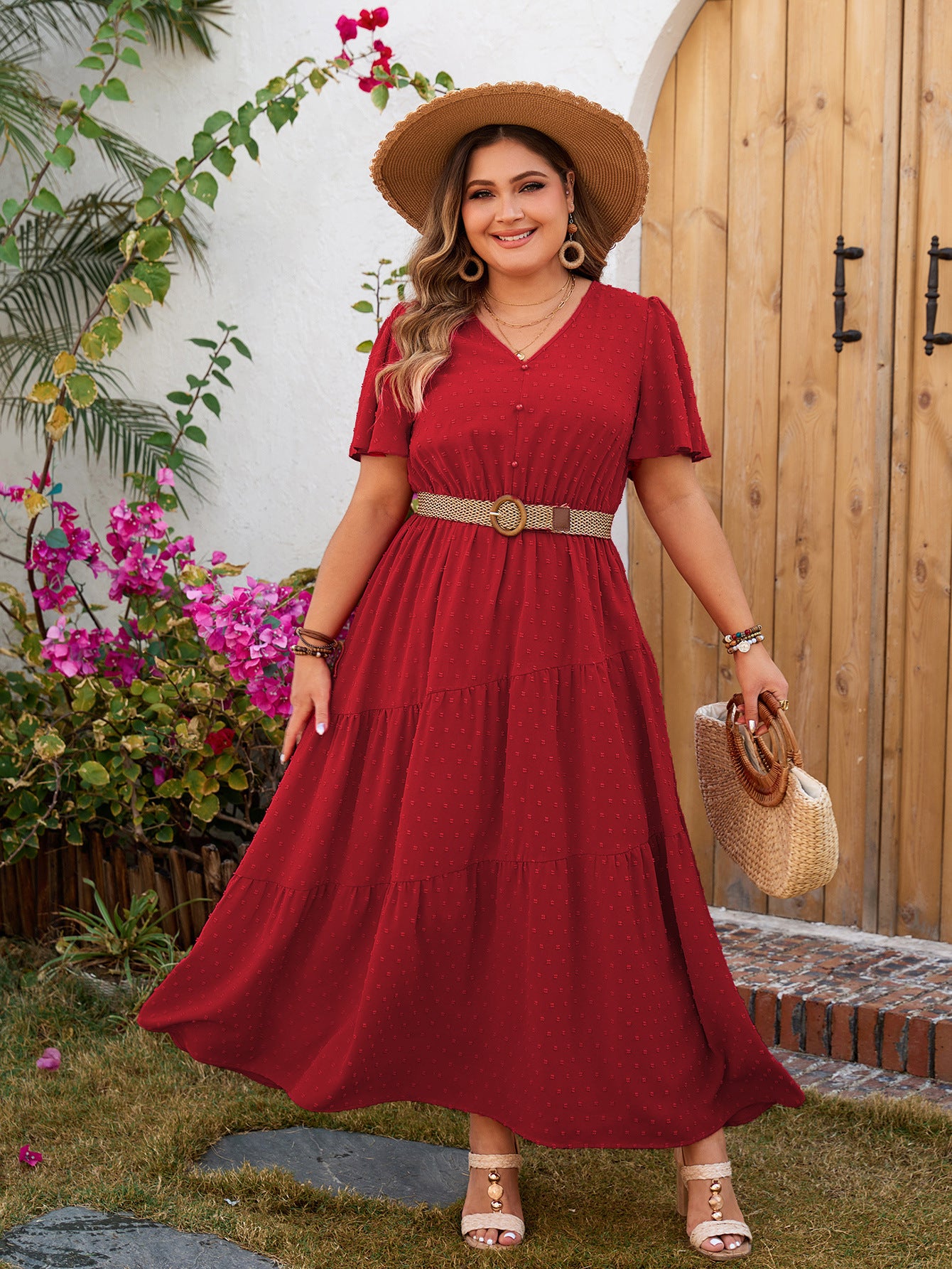 Rustic Red Tiered Midi Dress with V-Neck and Flutter Sleeves