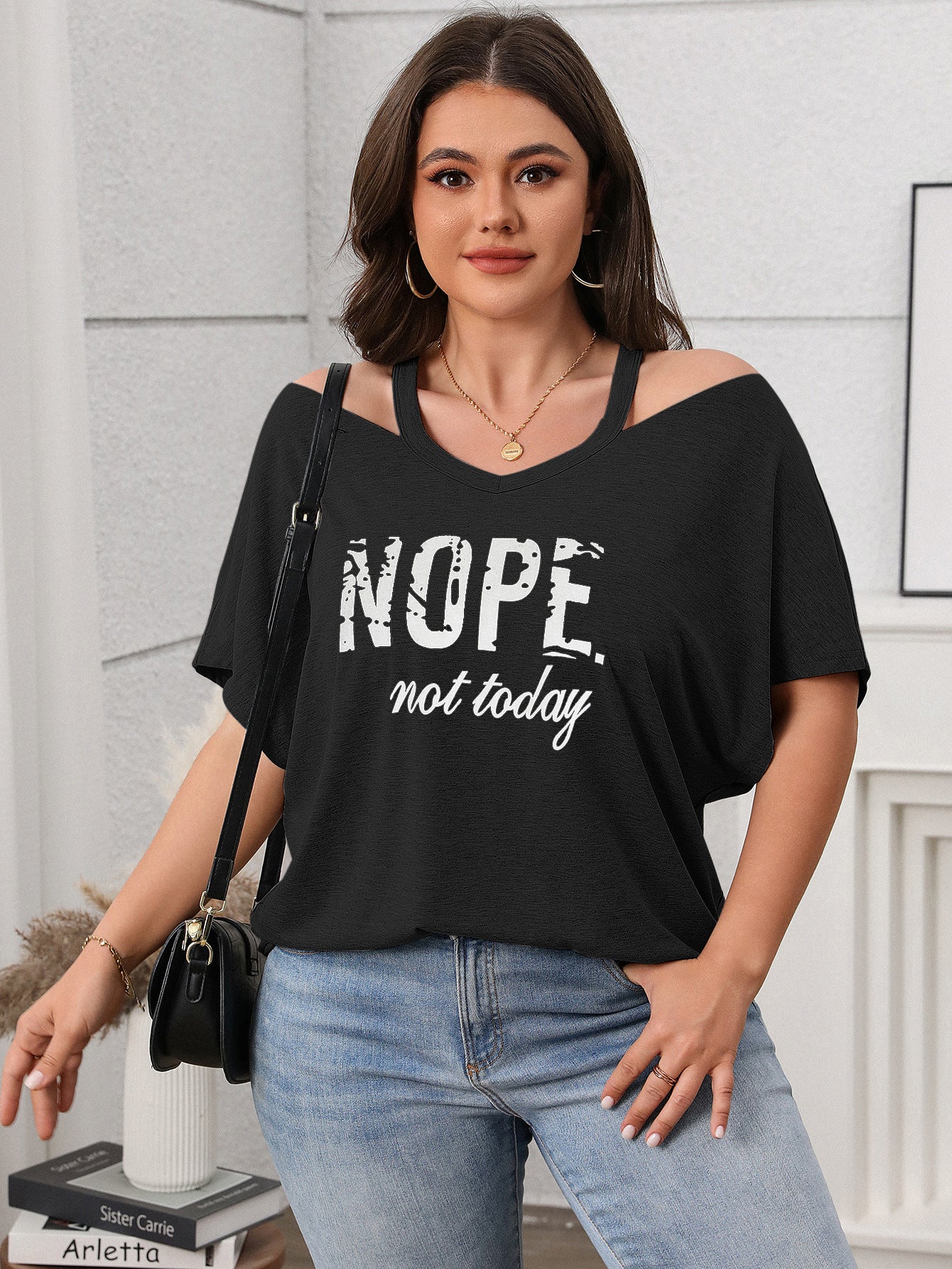 Relaxed Fit Graphic Cold Shoulder Top - "Nope Not Today" - Available in 3 Colors