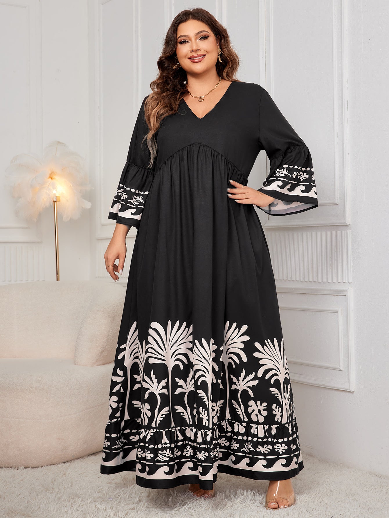 Plus Size Bohemian Maxi Dress with Bell Sleeves and Tribal Print