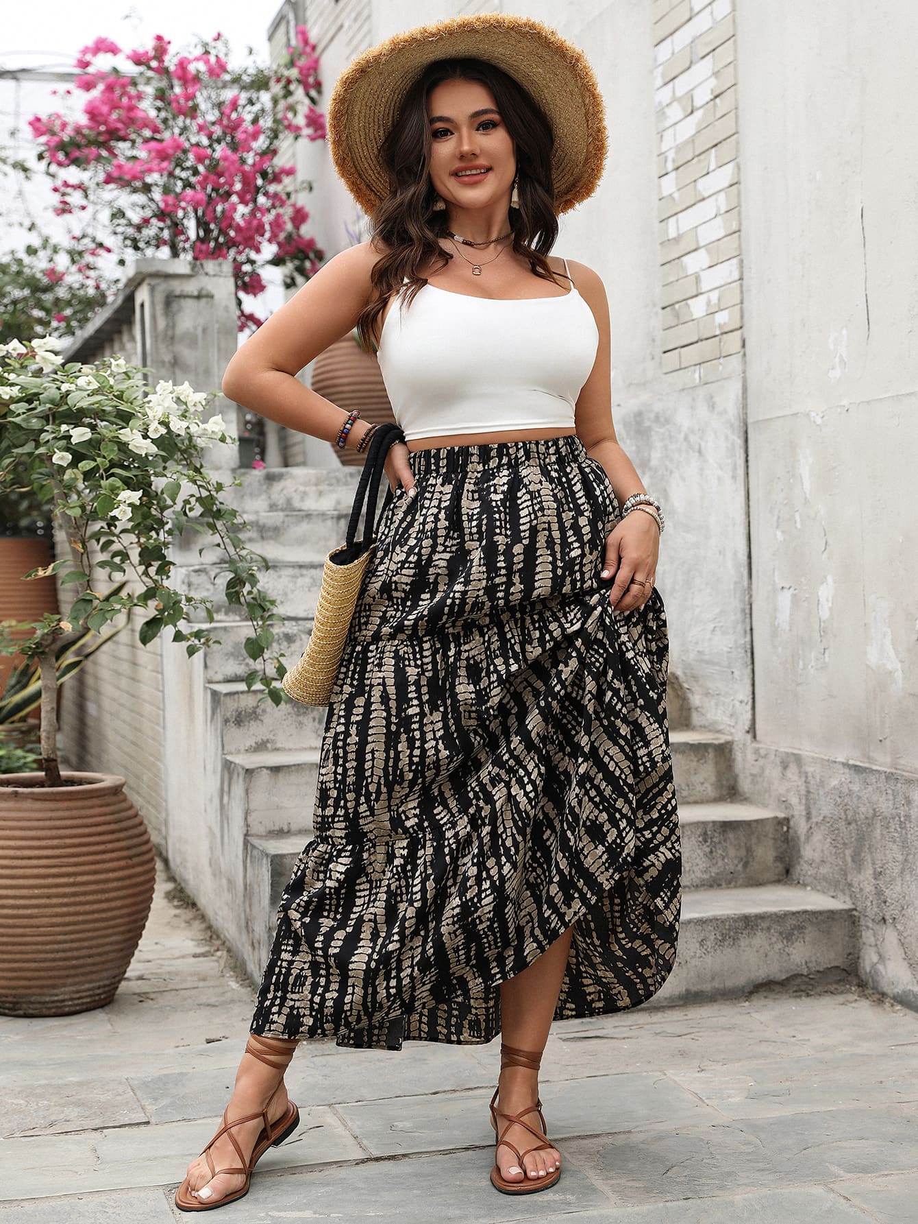 Soft & Comfortable Abstract Print Tiered Maxi Skirt with Elastic Waist
