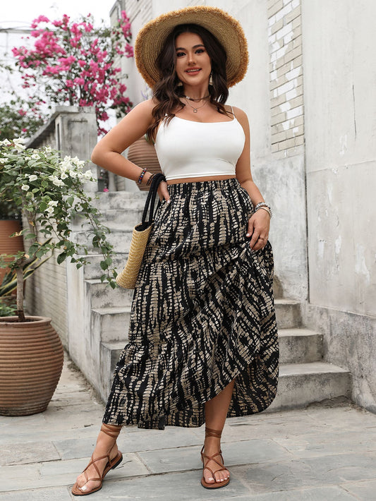 Soft & Comfortable Abstract Print Tiered Maxi Skirt with Elastic Waist