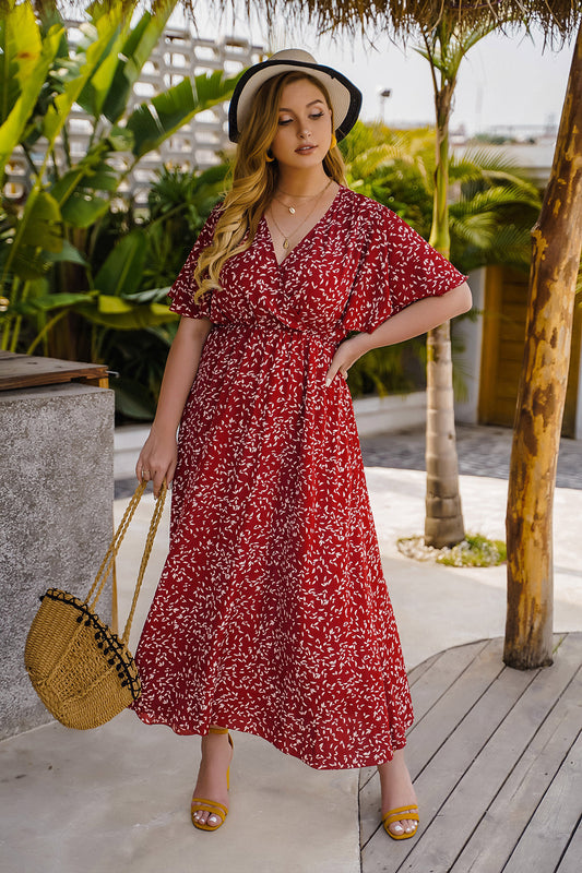 Effortless V-Neck Wrap Style Midi Dress with Designer Print - Leisure & Comfort