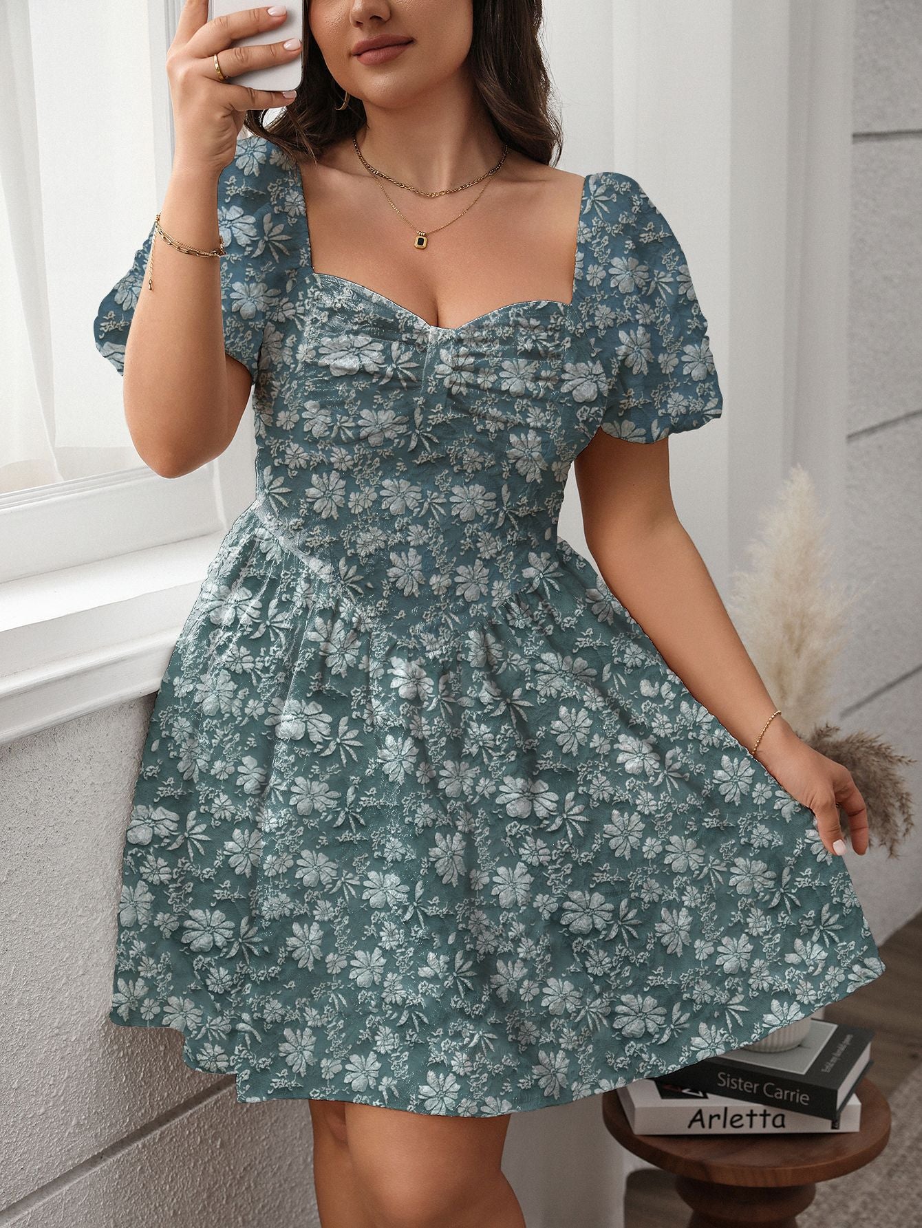 Plus Size White Puff Sleeve Mini Dress – Textured Floral Fabric, Sweetheart Neckline, Romantic Fit