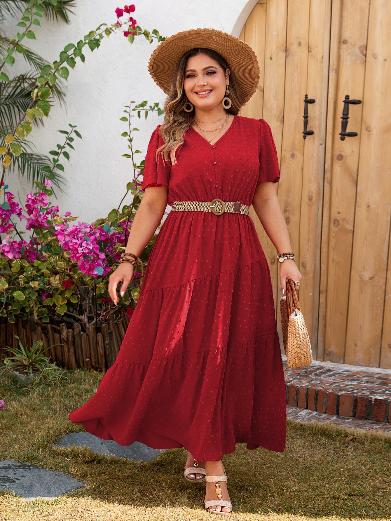 Rustic Red Tiered Midi Dress with V-Neck and Flutter Sleeves