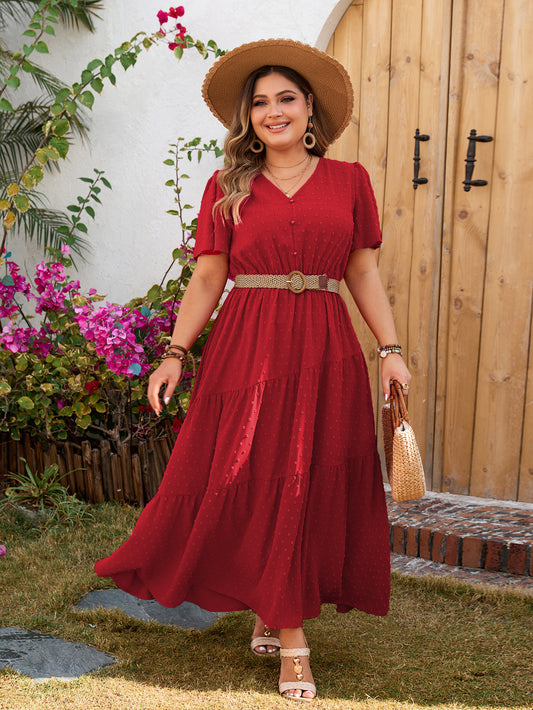 Rustic Red Tiered Midi Dress with V-Neck and Flutter Sleeves