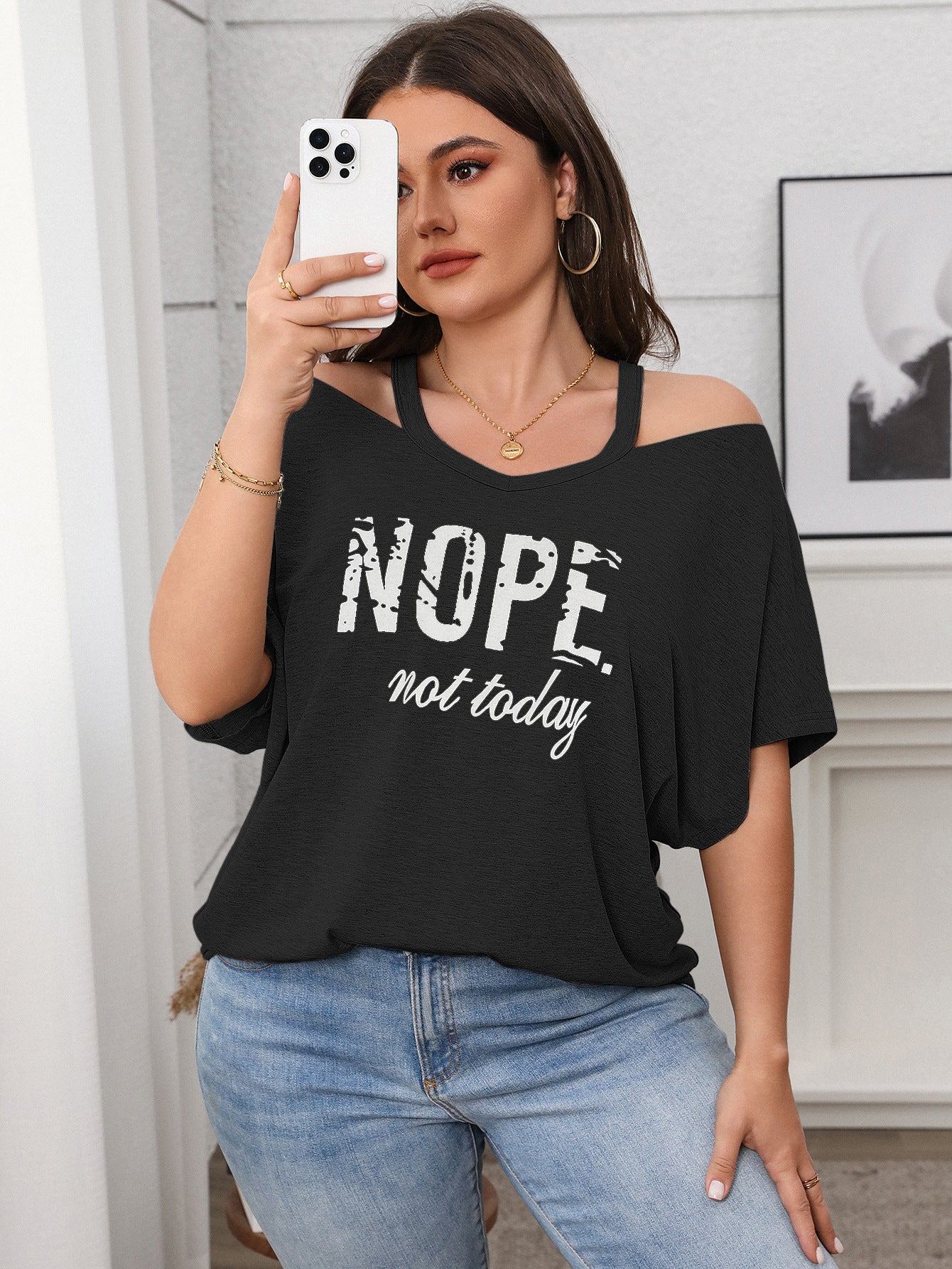 Relaxed Fit Graphic Cold Shoulder Top - "Nope Not Today" - Available in 3 Colors