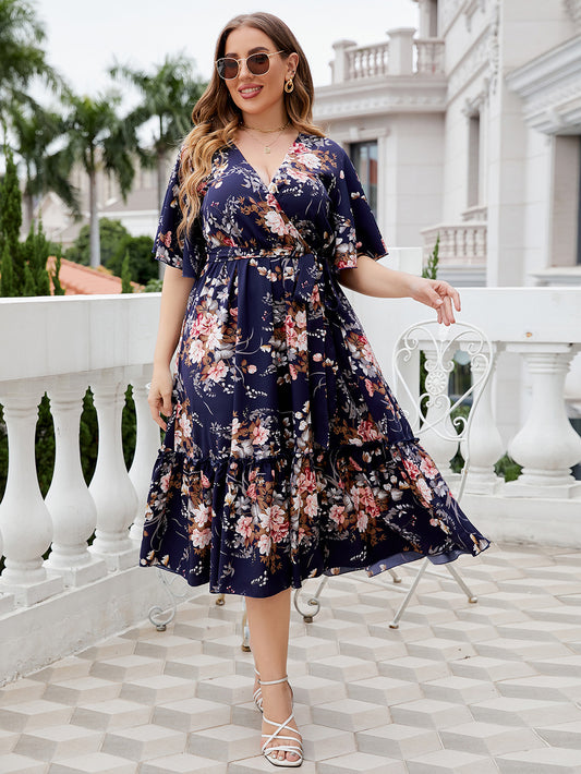 Plus Size Navy Floral Midi Dress – Elegant Wrap Style with Ruffle Hem and Waist Tie