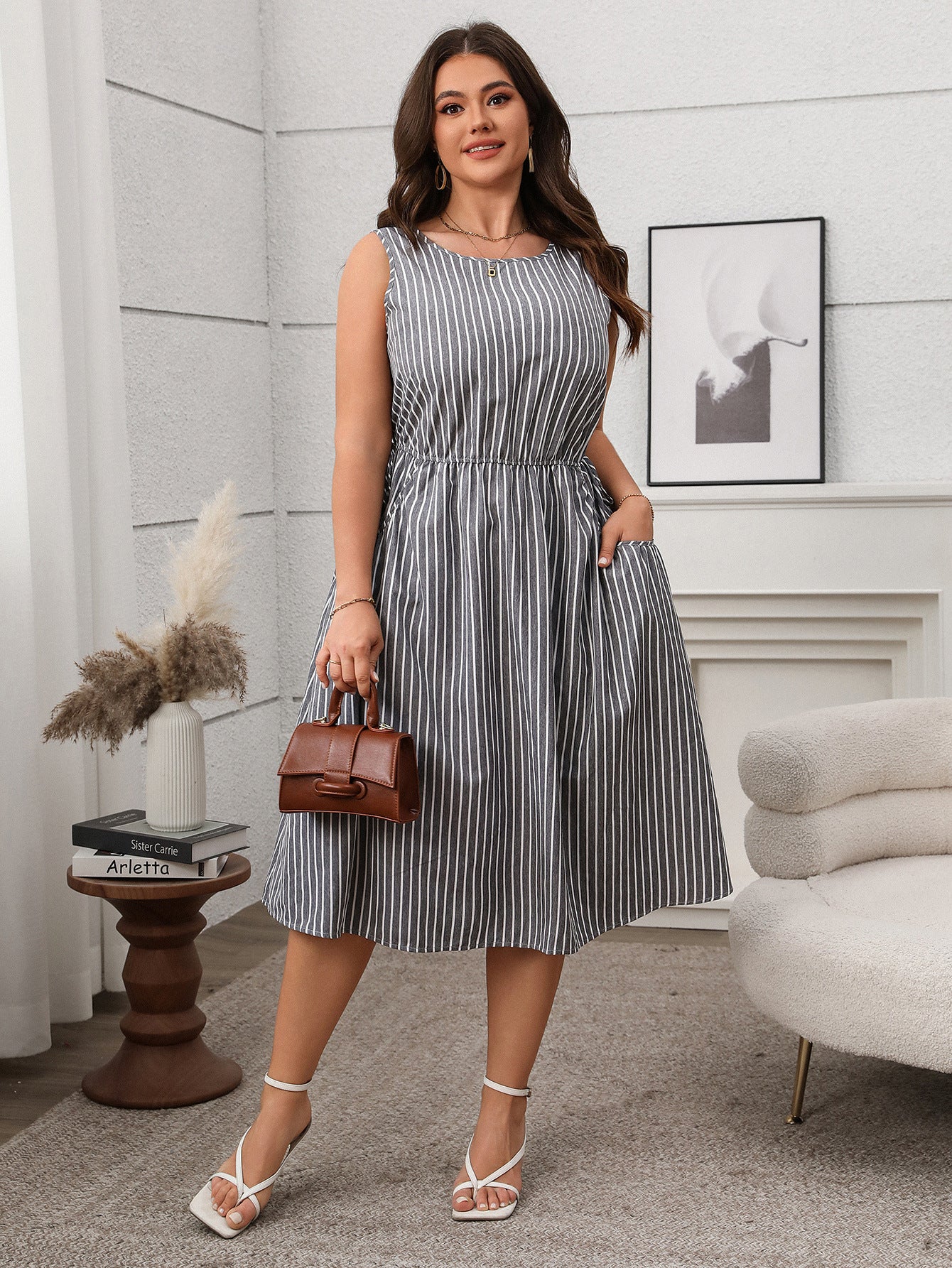 Plus Size Striped Sleeveless Midi Dress with Pockets - Soft & Comfortable in 2 Colors