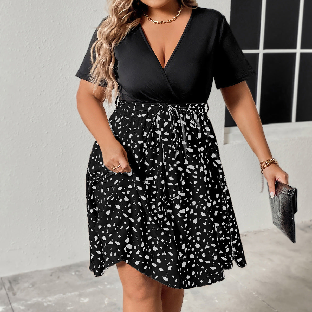 Plus Size V-Neck Mixed Print Mini Dress with Tie Waist - Available in 2 Colors