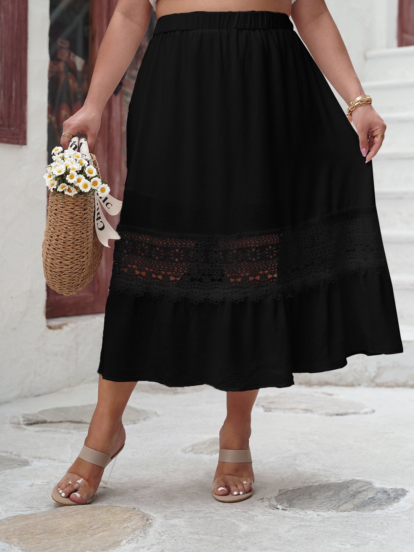 Elegant Midi Skirt with Delicate Lace Hem & Elastic Waist
