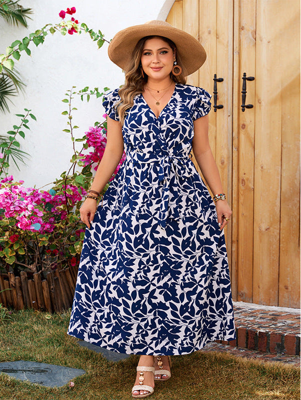 Stunning Blue & White Leaf Print V-Neck Maxi Dress with Slit & Tie Waist