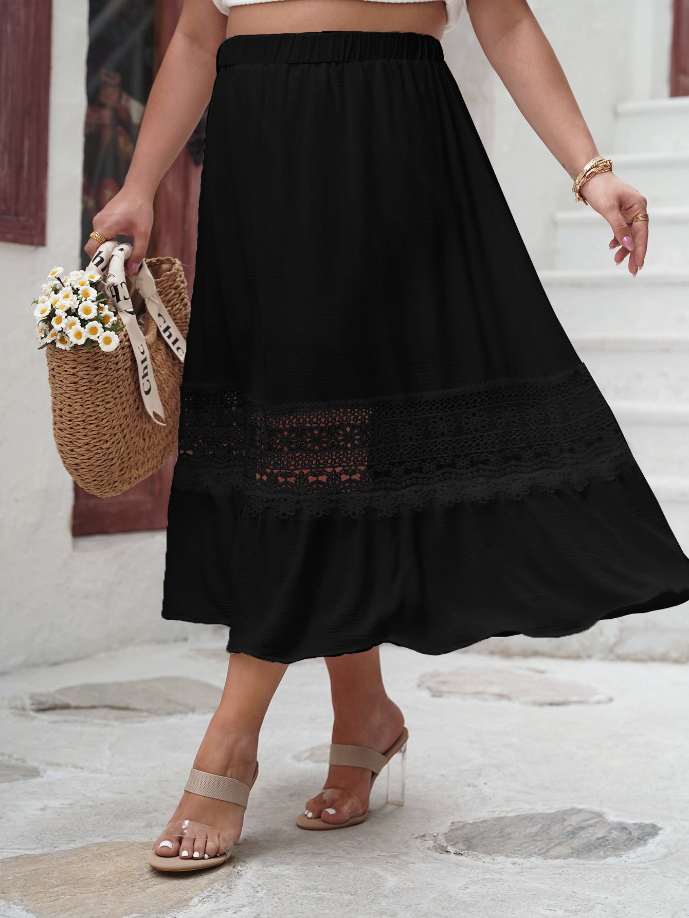 Elegant Midi Skirt with Delicate Lace Hem & Elastic Waist