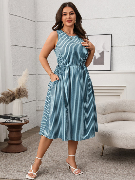 Plus Size Striped Sleeveless Midi Dress with Pockets - Soft & Comfortable in 2 Colors