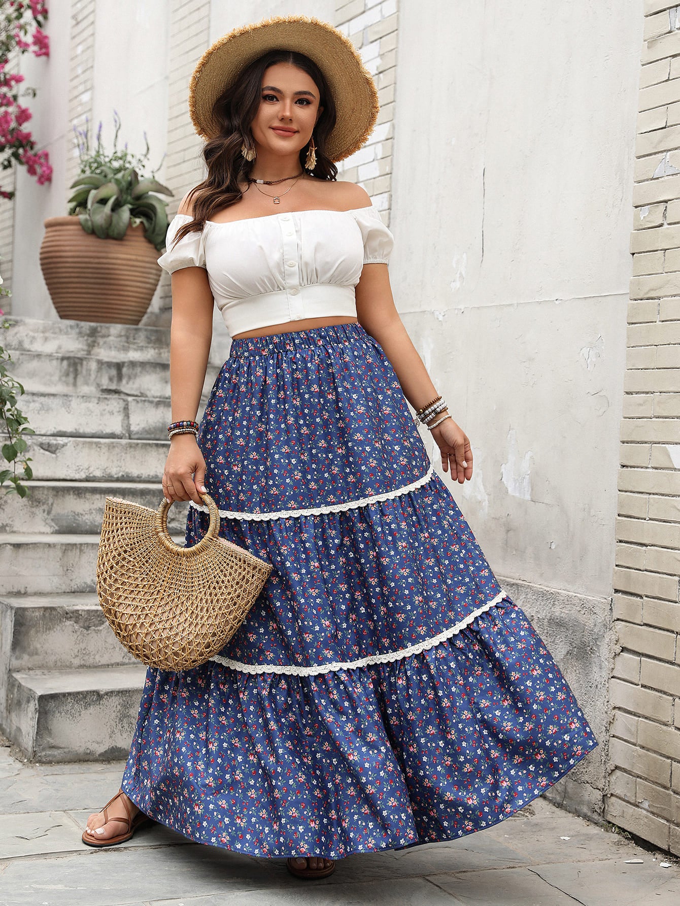 Breathable Floral Print Tiered Maxi Skirt with Lace Trim - Effortless Comfort